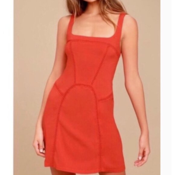 Free People Beyond Me Sheath Dress in Coral Red/Orange with Crochet Details. M - Picture 3 of 8